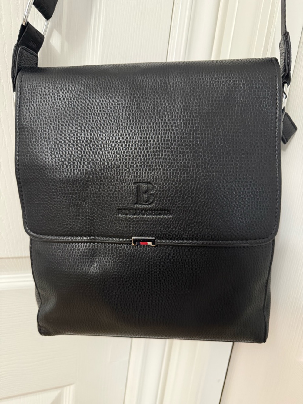 Black Textured Leather Shoulder Bag with Subtle Logo